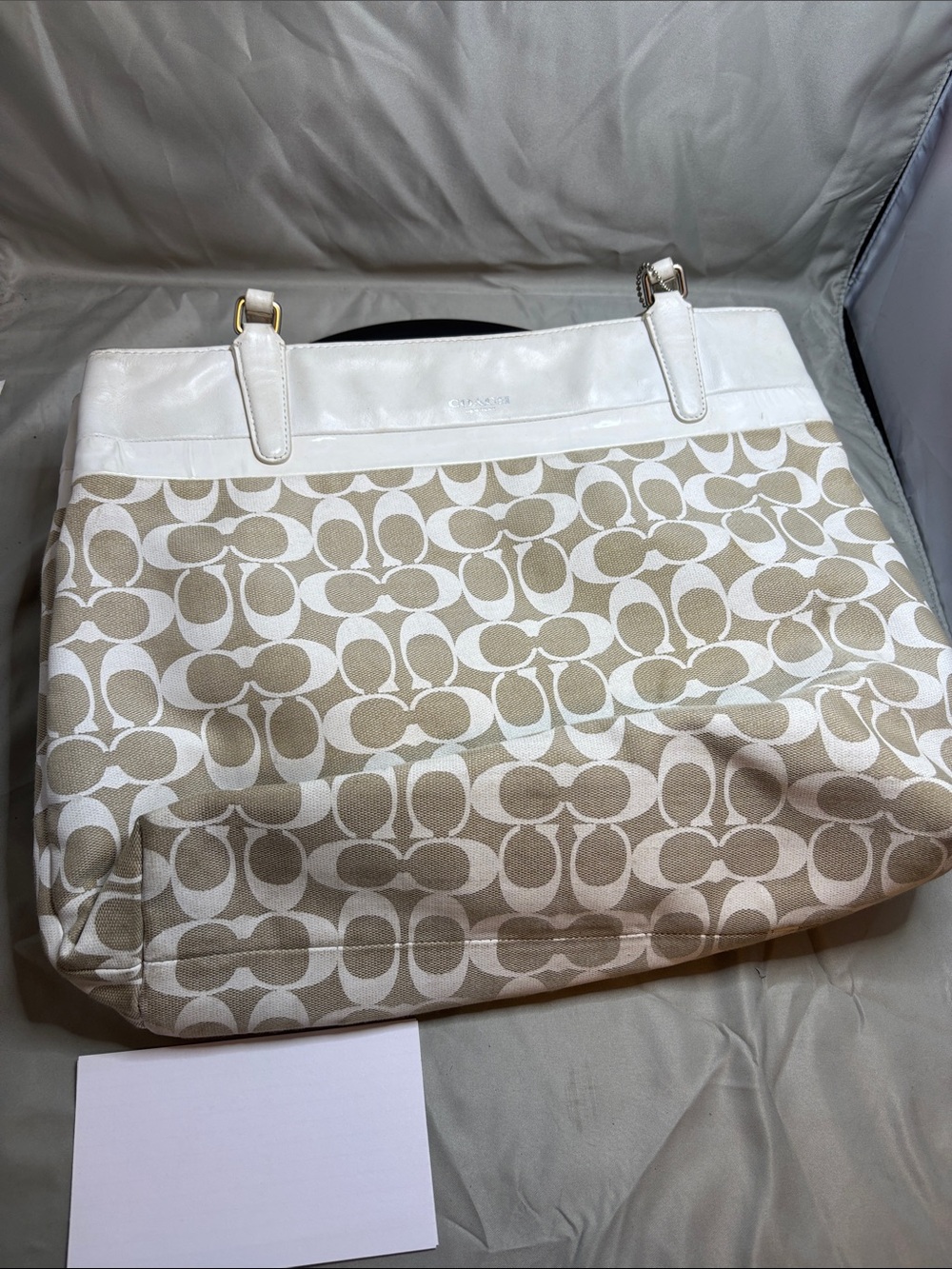 Coach Beige & White Signature Canvas Shopper Tote